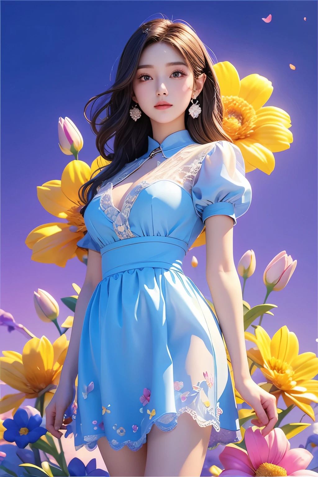 movie 사진 솔로,1 woman,,BJ_Alice,lace-trimmed_skirt,two tone_legwear, Short sleeve dress, big bust,(colored hair:0.1),The beauty stands on the flowers,The facial details are perfect.,Wow, the character details are so nice.,trendy portrait,bright colors,clean background,Panorama,large aperture,pop mart production,delicate luster,8K gradient translucent glass melt,frosted glass,masterpiece, best quality,, hyperreal,realistic,16,000,high detail,high resolution . 35mm photo, movie, bokeh, professional, 4K, very detailed