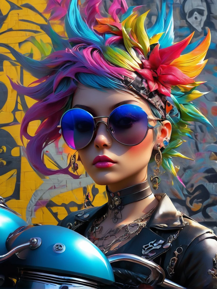 style punk, Gothique fantastique, ((La mauvaise fille la plus rebelle de l&#39;histoire)), 1fille, ((seulement)), (((Lunettes de soleil élégantes))), Chapeau de pirate, lèvres amoureuses, mode crâne, néon, Cheveux courts irisés, Tissu arc-en-ciel, veste de motard, le maillot de corps, Motif doré, runes anciennes, Clous métalliques, (Le majeur levé:1.3), Debout devant un fond d&#39;art graffiti crâne de moto, Ajoutez de la fantaisie à la scène, Pour rehausser la netteté et la modernité de la scène, lignes nettes, Chiffres de coups de pinceau en gras, surréalisme, art conceptuel, Futurisme, UHD, chef-d&#39;œuvre, précis, anatomiquement correct, Peau texturée, super détail, détails élevés, primé, 8k