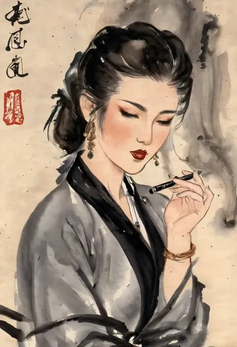  Ink painting of a bad girl, her eyes shadowed by smoky makeup, a traditional pipe in her hand, her tongue and lips adorned with...