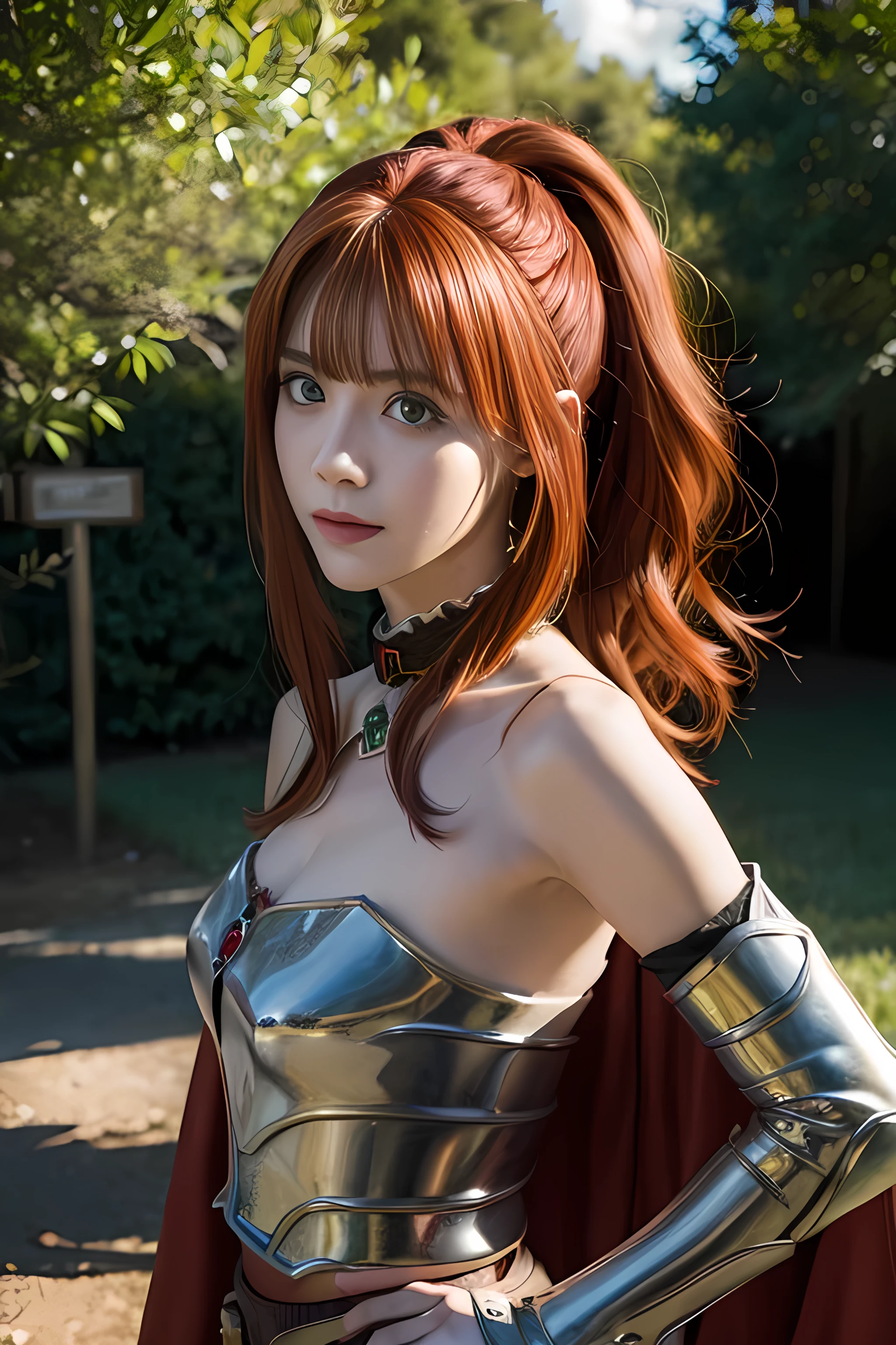 maltymelromarc, malty melromarc, long hair, (green eyes:1.3), red hair, (parted bangs:1.5), ponytail, smile, grin,
BREAK bare shoulders, belt, cape, armor, breastplate,
BREAK outdoors, forest, nature, sky, sun, clouds,
BREAK looking at viewer, (cowboy shot:1.5),
BREAK (masterpiece:1.2), best quality, high resolution, unity 8k wallpaper, (illustration:0.8), (beautiful detailed eyes:1.6), extremely detailed face, perfect lighting, extremely detailed CG, (perfect hands, perfect anatomy),