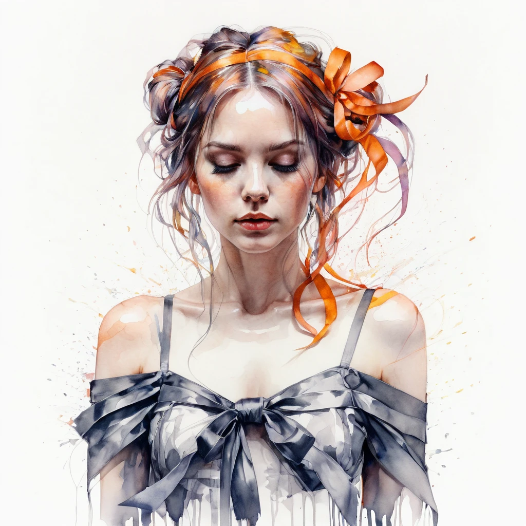 (8k, best quality, masterpiece:1.2),(best quality:1.0), (ultra highres:1.0), pencil artwork, a beautiful woman, shoulder, hair ribbons, by agnes cecile, full body portrait, extremely luminous bright design, (ink:1.3), autumn lights, full body