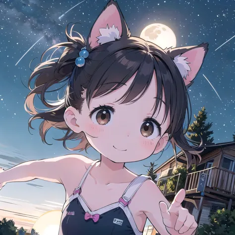 8-year-old、pretty girl、Fetish、Happy smile、shooting star、milky way、full moon、Beautiful background、Four Girls、Cute Swimsuits、Anima...