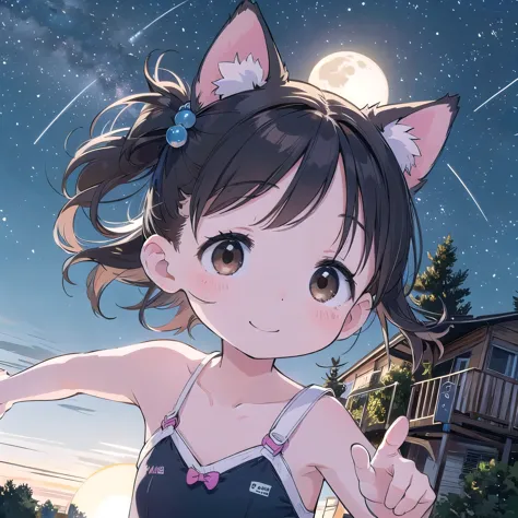 8-year-old、pretty girl、fetish、happy smile、shooting star、milky way、full moon、beautiful background、four girls、cute swimsuits、anima...