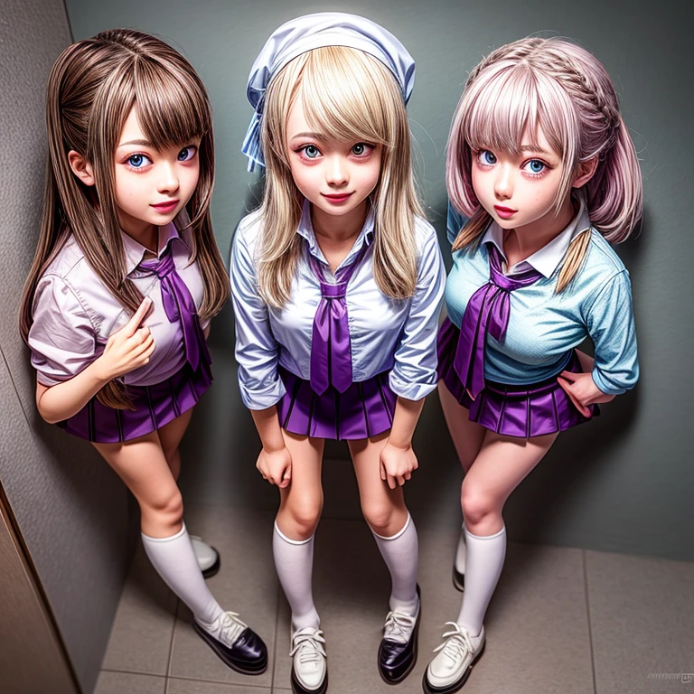 ((através da parede)), SchoolGirls vestindo uniformes com tangas, pele de marfim brilhante, sem legging, placa de identificação . (arte conceitual do personagem:1.4), Diferentes tipos de cores de cabelo, (((Variações de rosto NOGIZAKA)))  Variações de rosto extremamente detalhadas e muito KAWAII, anatomia perfeita, Infantil, olhar cativante, elaborados olhos detalhados com (destaques brilhantes:1.2), cílios longos、Lábios VERMELHOS brilhantes com lindos detalhes, Língua coquete, bochechas rosadas . { (Expressões alegres dinâmicas) | :d) }, Cor dos olhos aleatória, (olhos grandes:-1) .