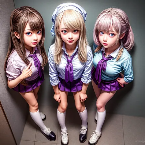 ((through wall)), SchoolGirls wearing uniforms with Thongs, Glistening ivory skin, no legwear, name plate . (Character concept a...