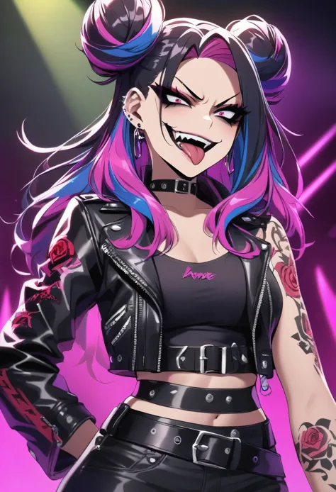 Mean girl，Half-removed leather jacket，Rose tattoo on right arm，Black eyeshadow，Tongue Stud，Earrings，multicolored hair, double bu...