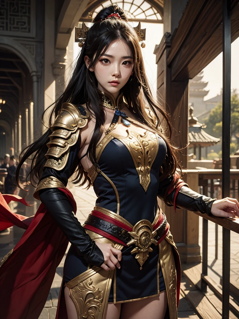 Three Kingdoms style, female warrior, beautiful face, Armor, voluptuous physique, black hair