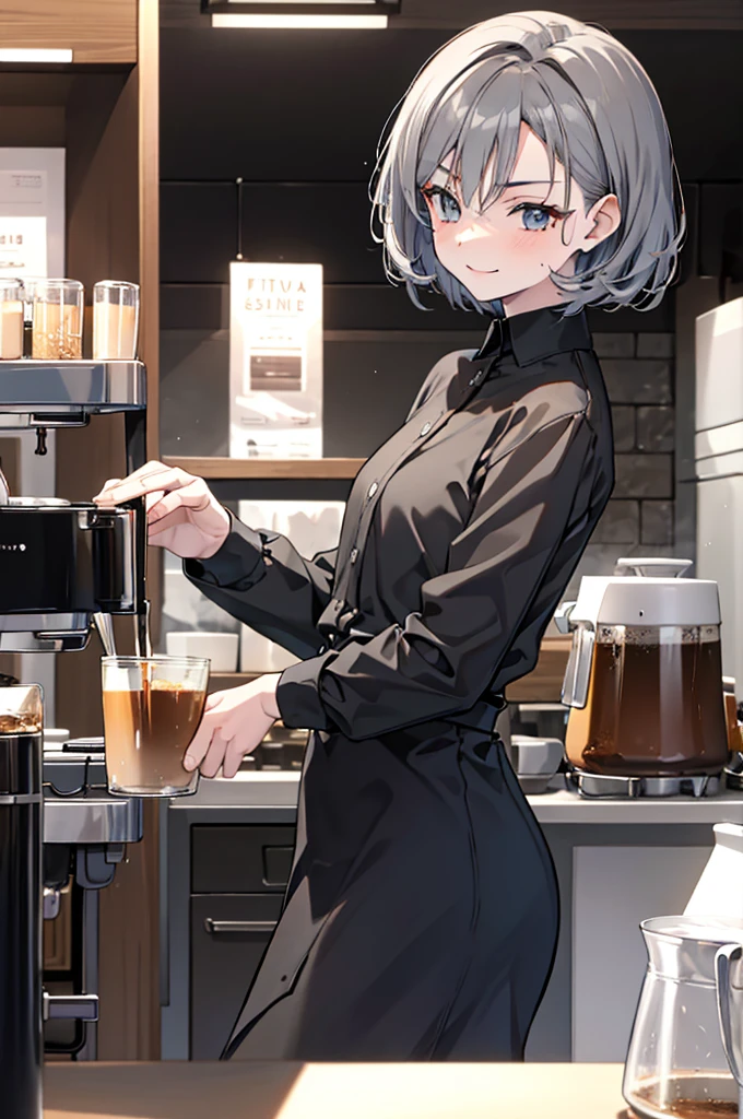 short hair,Dark gray hair,Barista,Brewing drip coffee,Mode,Black clothes,Simple clothes,Cool Beauty,adult,A slight smile on your lips,Small mole under left lip,Cafe,Arched thin eyebrows,1 female