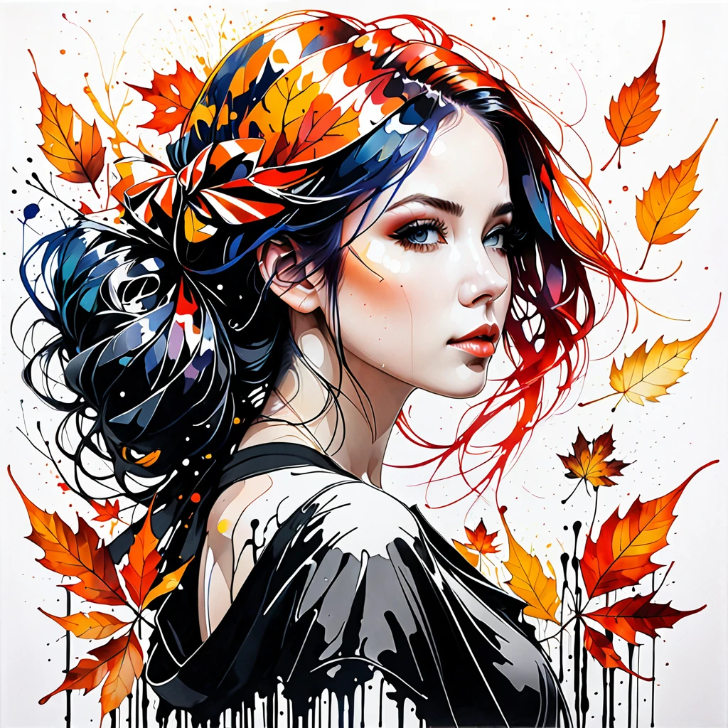 (8k, best quality, masterpiece:1.2),(best quality:1.0), (ultra highres:1.0), pencil artwork, a beautiful woman, shoulder, hair ribbons, by agnes cecile, full body portrait, extremely luminous bright design, (ink:1.3), autumn lights, full body picture