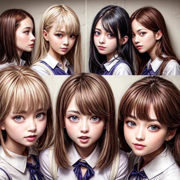 through wall, SchoolGirls wearing uniforms with white Thongs, Red ribbon, Glistening ivory skin, name plate, no legwear . Character concept art, Different types of hair colors, (((NOGIZAKA face variations)))  Extremely Detailed very KAWAII face variations, perfect anatomy, Childish, captivating gaze, elaborate detailed Eyes with (sparkling highlights:1.2), long eyelashes、Glossy RED Lips with beautiful details, Coquettish tongue, Rosy cheeks . { (Dynamic joyful expressions) | :d) }, Random eye color, (large eyes:-1), (Acutance:0.85) .