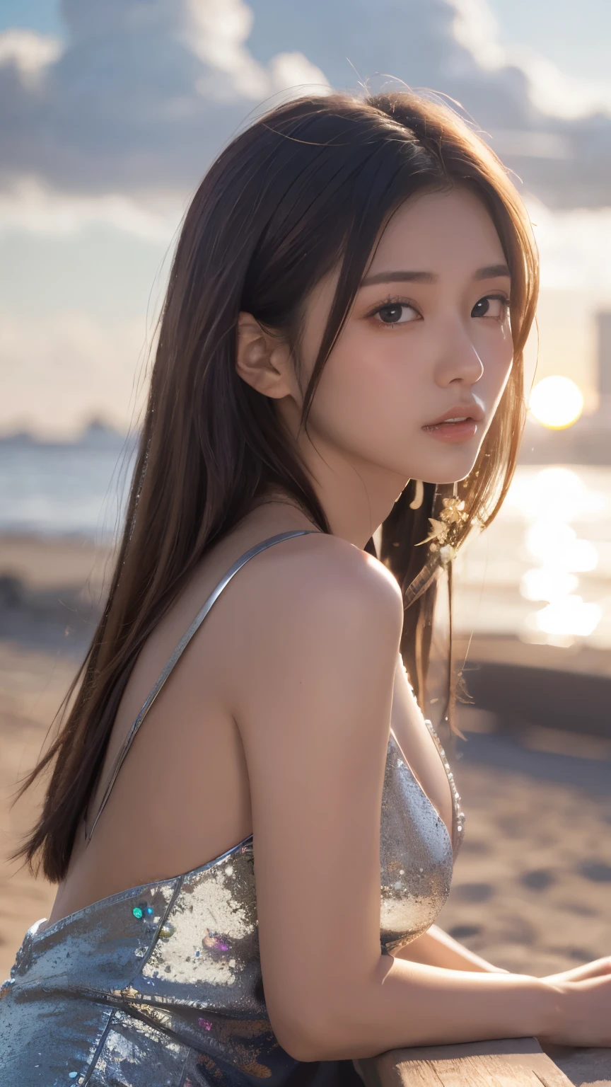 Masterpiece, 4K, bokeh, Photorealistic, high school girl sitting on the beach, (Japanese idle:1.6), Lightbrown long hair, Light brown eyes, Plump breast, Looking at the viewer, Blushed face, Close up, (Silver metallic dress), (Gemstones decoration:1.2, Colorful Gemstones:1.2), (Dress embellished, Sequins), sunset seashore, Beautiful sky and clouds,