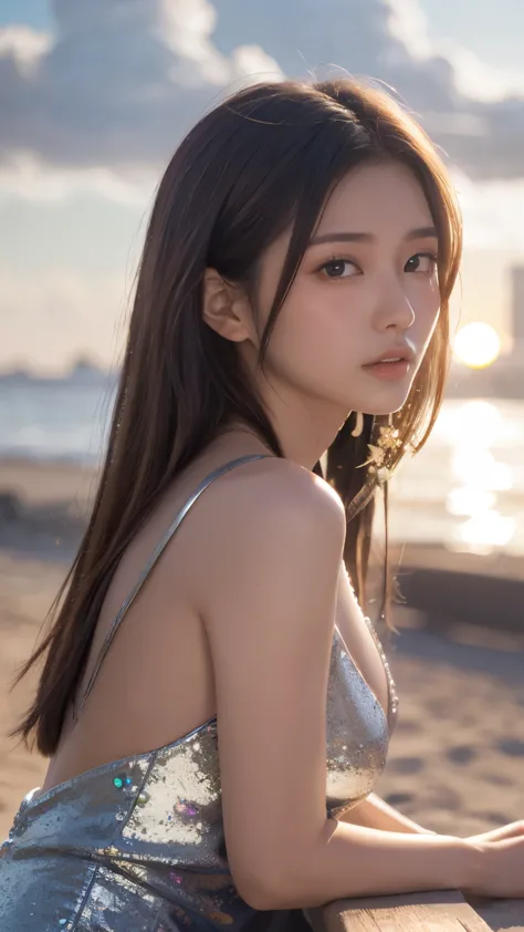 Masterpiece, 4K, bokeh, Photorealistic, high school girl sitting on the beach, (Japanese idle:1.6), Lightbrown long hair, Light ...