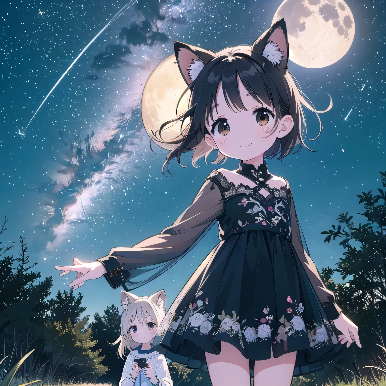 8-year-old、pretty girl、Fetish、Happy smile、shooting star、milky way、full moon、Beautiful background、Four Girls、Cute Dresses、Animal Ears、Black Hair、Brown eyes、Pointed Ears、Short Hair、Fox Ears、Animal Ears、