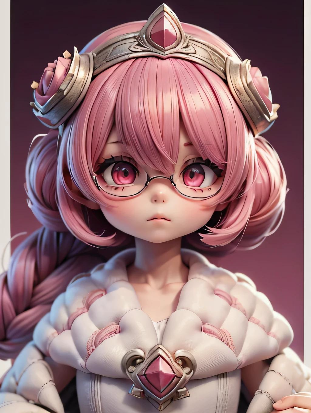 (limited palette), Best quality, (((Masterpiece))), (((Beautiful detailed hair))), (((beautiful detailed skin))), Solo, , Younger, , (((pink hair))), pink eyes, (mascara), Blunt bangs, ((Hair over eyes)), short hair, Medium breasts, Frilled white dress, White frills, Too much decoration, Rose, Noble, setia, The bride hair, (((Eye focus))), (((Expressionless))), The background is blurred out, Empty eyes, Blank eyes, (Red theme), bedroom background, view the viewer, (((hair tucking))), (((Night))), Semi-closed Eye,wears round glasses, Close-up, (((hair adornments))), Upright body, Neatly cut bangs, Braided hair at the back of your head, Sleeveless dress,