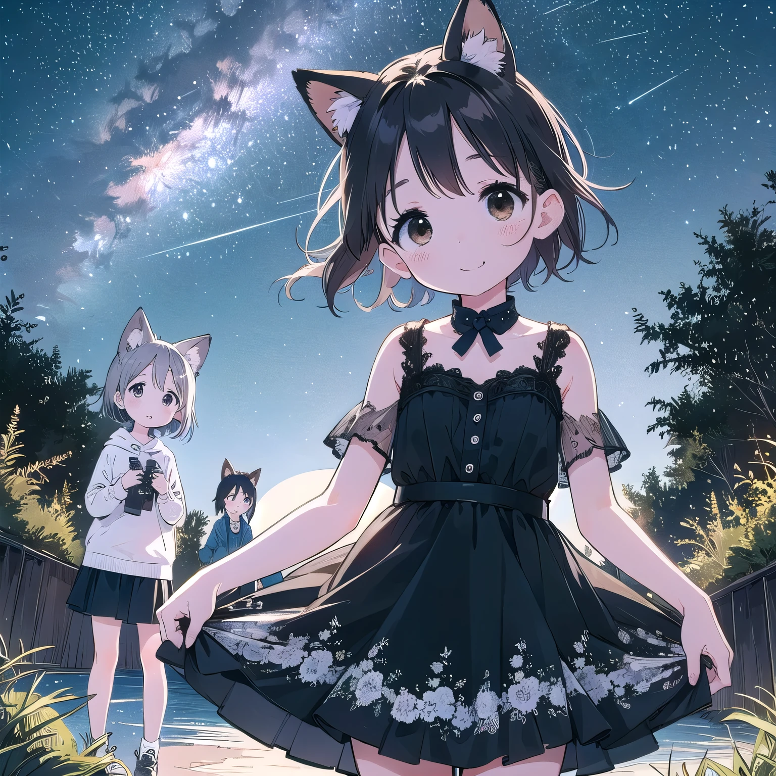 、pretty girl、Fetish、Happy smile、shooting star、milky way、full moon、Beautiful background、Four Girls、Sexy Dress、Animal Ears、Black Hair、Brown eyes、Pointed Ears、Short Hair、Fox Ears、Animal Ears、