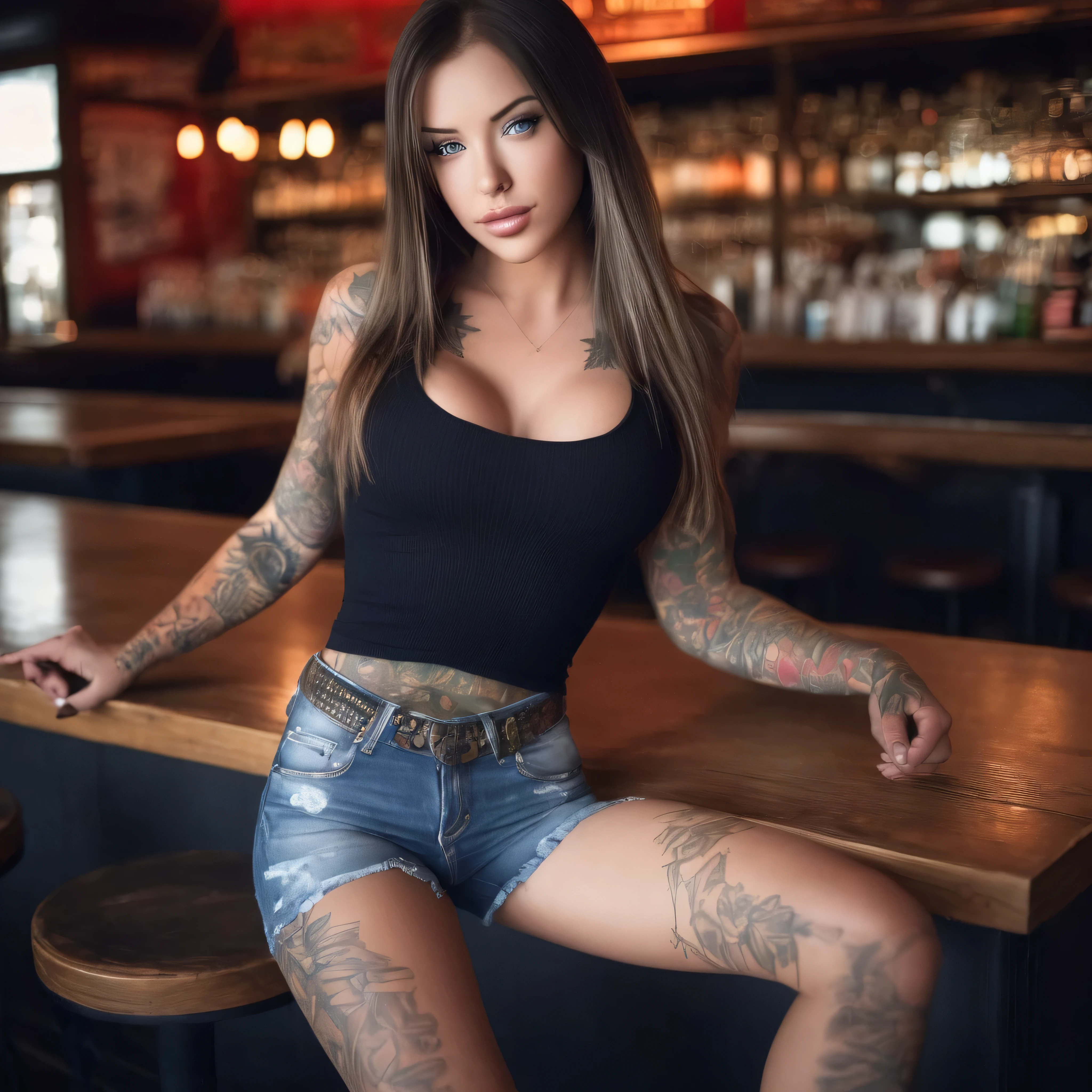 A (MASTERPIECE, BEST QUALITY:1.2), 8K,, full-body image of female laurence bedard (Age 25) dressed in T-shirt and ripped jeans. Extras: perfect-eyes, perfect-lips, stunningly-beautiful, 35mm-raw-photo, dynamic-composition. She has blue eyes and a long-straight hair style. And is in a bar. And she is grinning at the viewer, sexy, horny