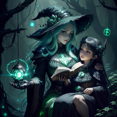 The witch in the forest with her old grandmother，With a glowing green lantern, dark Fantasy style art, Dark Fantasy Artwork, 2. ...