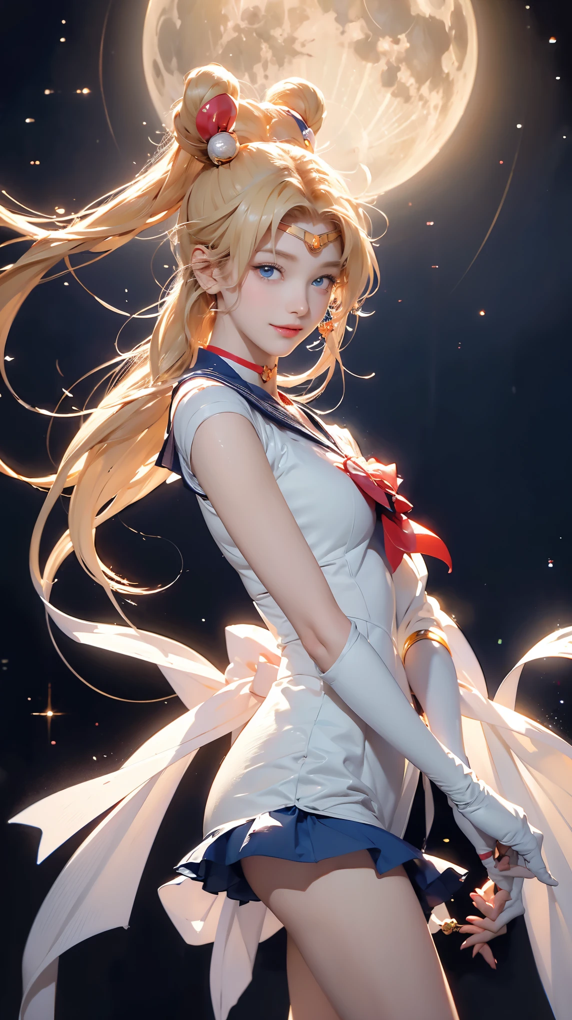 Sailor Moon, 1 girl, blue eyes, Long blond hair, Sailor Suit, moon tiara, Holding the Moon Stick, standing on the moon, earth in background, space, Star, Confident smile.