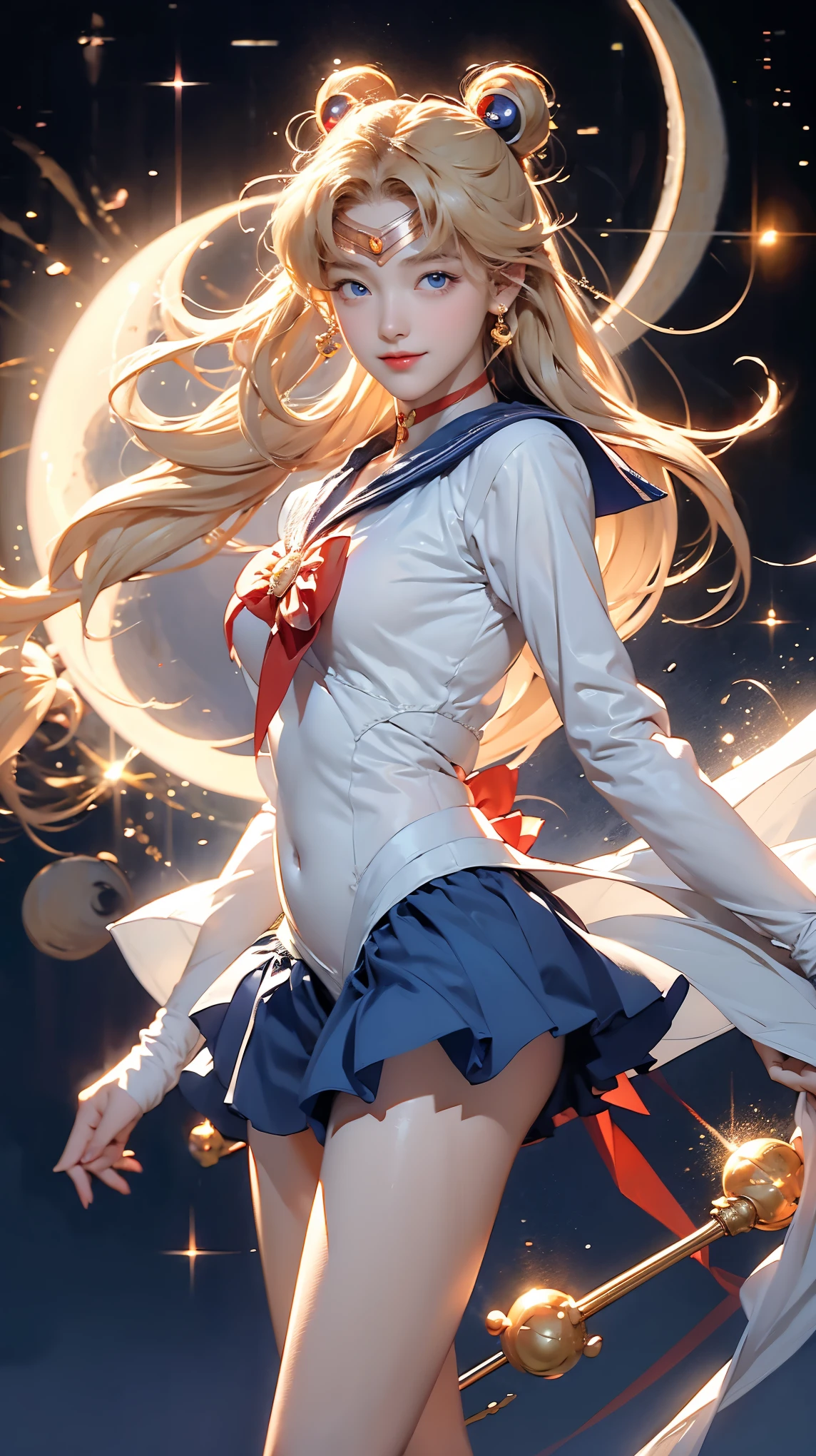 Sailor Moon, 1 girl, blue eyes, Long blond hair, Sailor Suit, moon tiara, Holding the Moon Stick, standing on the moon, earth in background, space, Star, Confident smile.