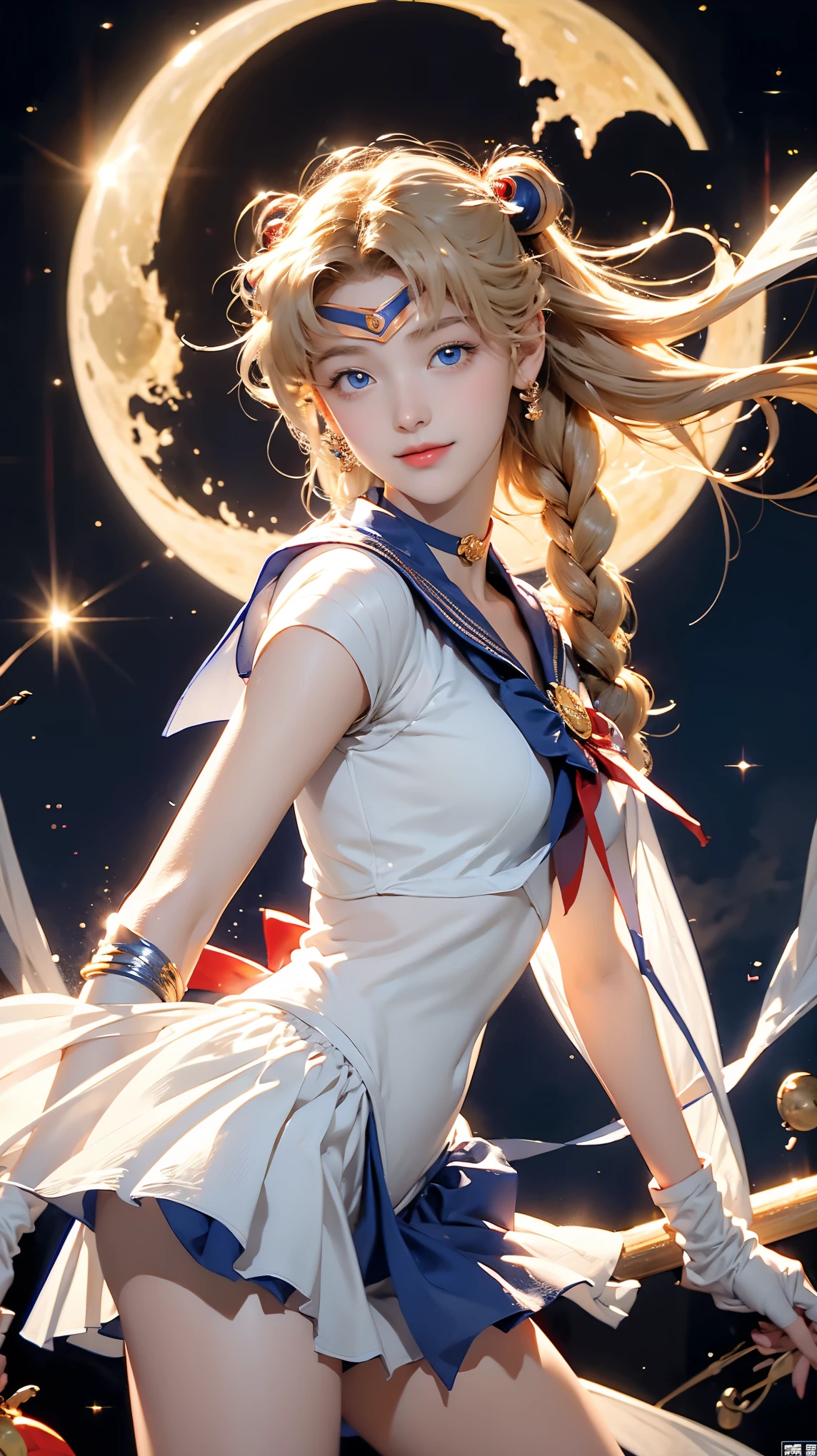 Sailor Moon, 1 girl, blue eyes, Long blond hair, Sailor Suit, moon tiara, Holding the Moon Stick, standing on the moon, earth in background, space, Star, Confident smile.