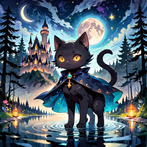 black cat, alone,  witch, have, cape, black short hair, long tail, jewelry, gem, shine effect, decorations, walking on water, re...