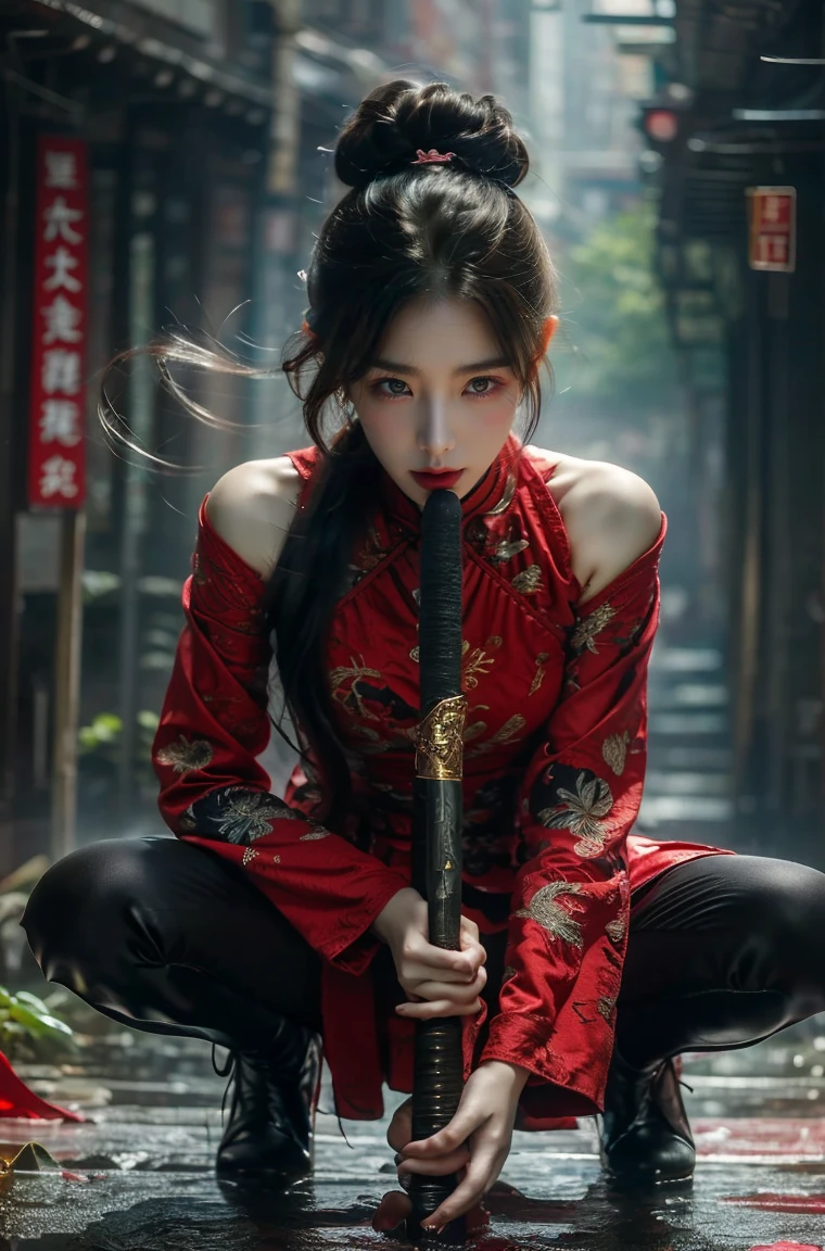 煙燻妝:2，黑色眼影:2，黑色嘴唇:2,解剖正確:2,獨自的,1sword 雪兒 矢澤愛風格少女,1 名女孩,孤,黑髮,发髻,中國衣服,保持,保持 weapon,两倍好,瀏海,blunt 瀏海,一個膝蓋,看著觀眾,珠寶,耳環,黑色背景,長袖,eastern 龍,武士刀,住口,緊身閃亮打底褲,龍,金色鞋類,國王,解剖學上正確的：2，(厭惡:1.3),超高解析度,((傑作))),(((最好的品質))),((超詳細)),((極其精緻美麗)),孤,埃茲
