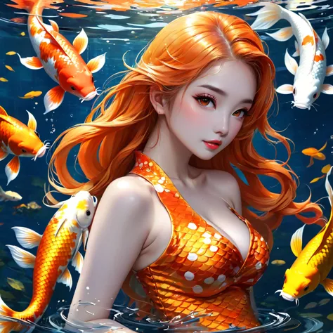 Fishtail Mermaid，Big koi，Lots of koi，Koi fish of different colors and styles、Four white koi，Polka dot five color koi、Orange Gold...