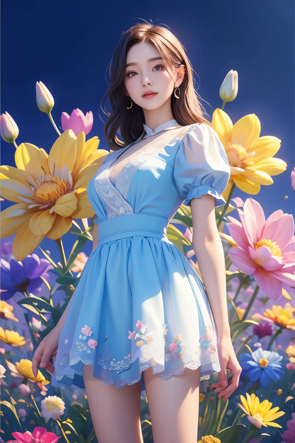 movie 사진 솔로,1 woman,,BJ_Alice,lace-trimmed_skirt,two tone_legwear, Neat short sleeve dress, flat chest,(colored hair:0.1),The beauty stands on the flowers,The facial details are perfect.,Wow, the character details are so nice.,trendy portrait,bright colors,clean background,Panorama,large aperture,pop mart production,delicate luster,8K gradient translucent glass melt,frosted glass,masterpiece, best quality,, hyperreal,realistic,16,000,high detail,high resolution . 35mm photo, movie, bokeh, professional, 4K, very detailed