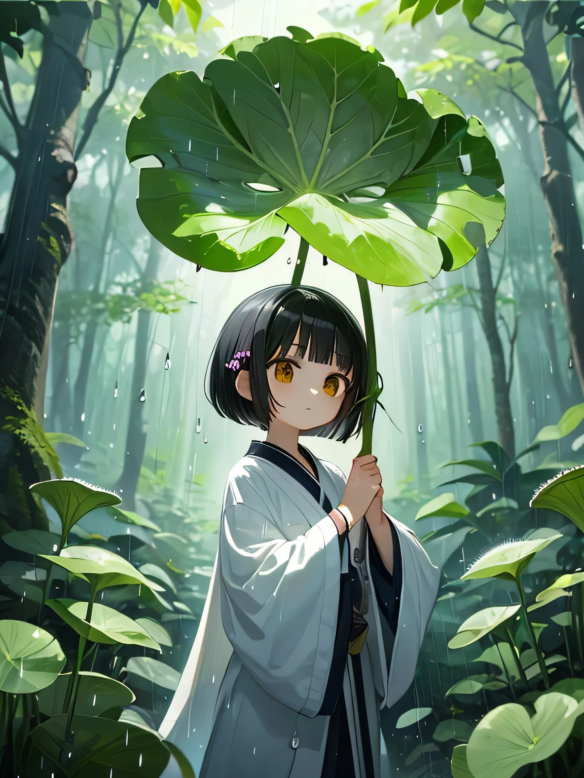 masterpiece, best quality, extremely detailed, anime, A little spirit girl, black hair, bob cut hair, short, wearing a white robe, Holding a large butterbur leaf over his head, rain, in the forest,