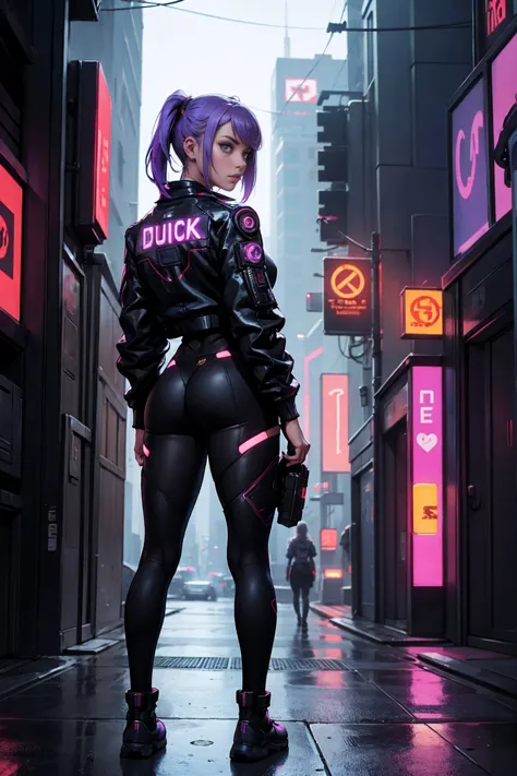 a girl, Lucy from cyberpunk edgerunners, looking at the viewer, american shot, cyberpunk, from behind, back stance