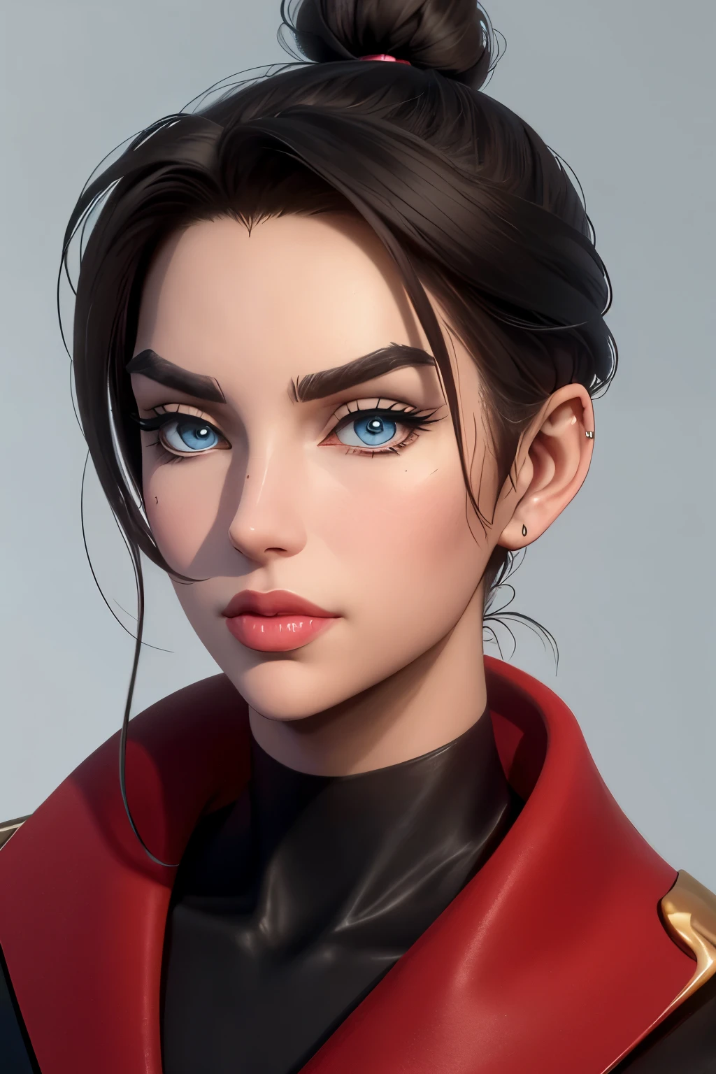 ((( portrait))) of beautiful brunette (female) in her 30s ,mature look, (small mouth) but (thick kissable lips), shy gaze, ((((tiny snob nose)))) ,( prefect shaped eyes),((blue eyes)) ,long eyelashes, eyeliner ,((( thick eyebrows))) , charming, cute , ((( sleek slicked back hair bun ))), ( black hair), fair skin, modern look, stylish , classy, wearing Unbuttoned classic shirt, clivage , ((Castlevania style)), (90s retro style), 3d style