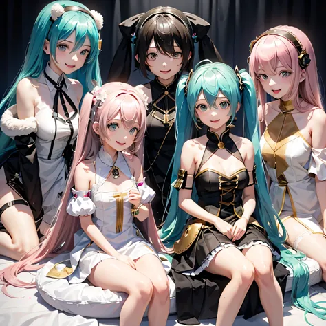 hatsune  miku、megurine luka、Cute Smile、fluffy、、Four Girls、Chibi Character、highest quality、Thin dress