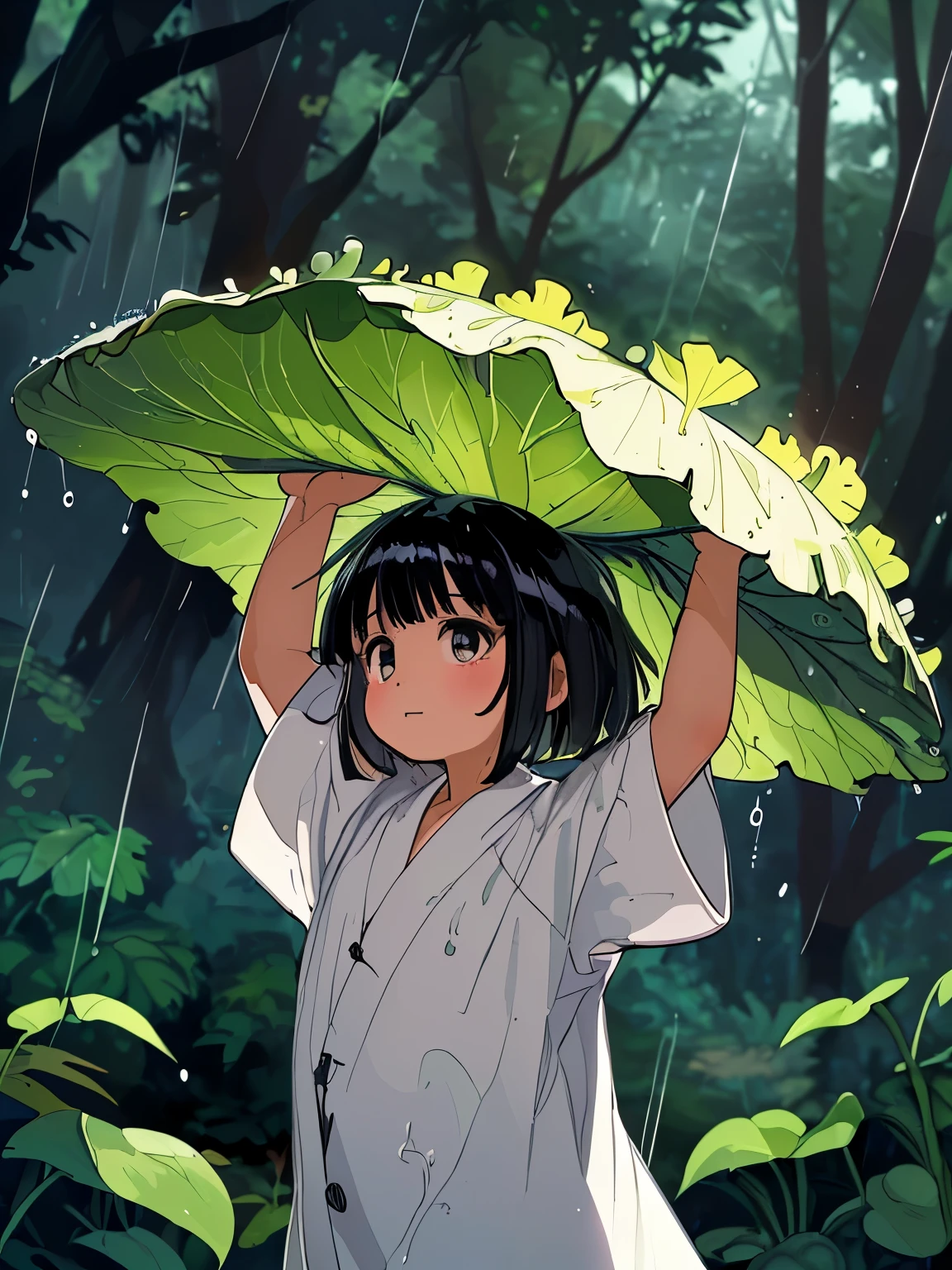 masterpiece, best quality, extremely detailed, anime, A little spirit girl, black hair, bob cut hair, short, wearing a white robe, Holding a large butterbur leaf over his head, rain, in the forest,