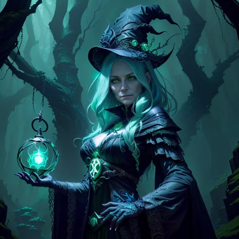 A witch in the forest with an very ugly old witch behind her, wearing glowing green lanterns, dark fantasy style art, dark fanta...