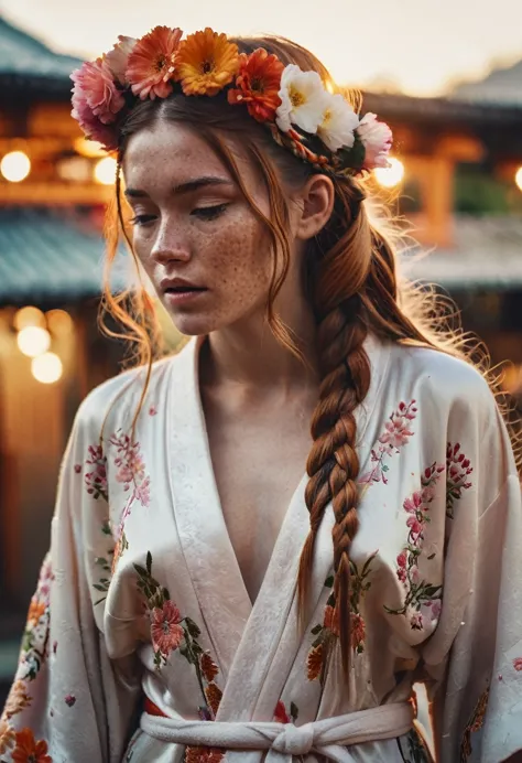 a woman with freckles and Waterfall braid hair with flower headband (full body:1.2) wearing revealing Embroidered kimono robe in...