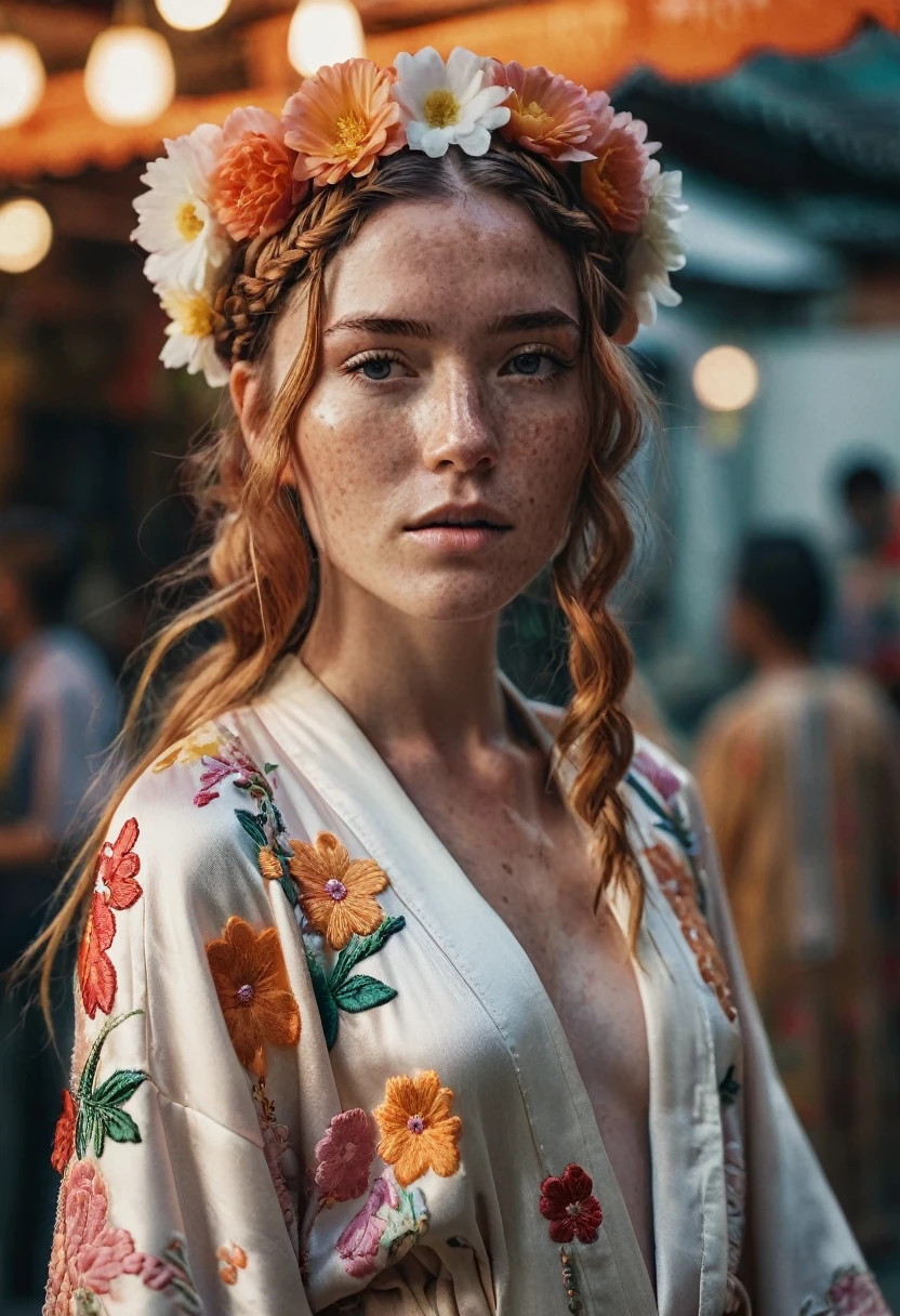 uma mulher com sardas e cabelo trançado em cascata com faixa de flores (corpo todo:1.2) vestindo um quimono bordado revelador em um bazar (pôr do sol) por Laura Makabresku, iluminação cinematográfica,(cinematic, Grão de filme:1.1) sk_CINEMATIC , ((detalhe extremo da pele)), hdr, ((ultrarealistic)), ((foto)), bokeh, profundidade de campo, 8k hd, dslr, iluminação suave, alta qualidade, Fujifilm XT3