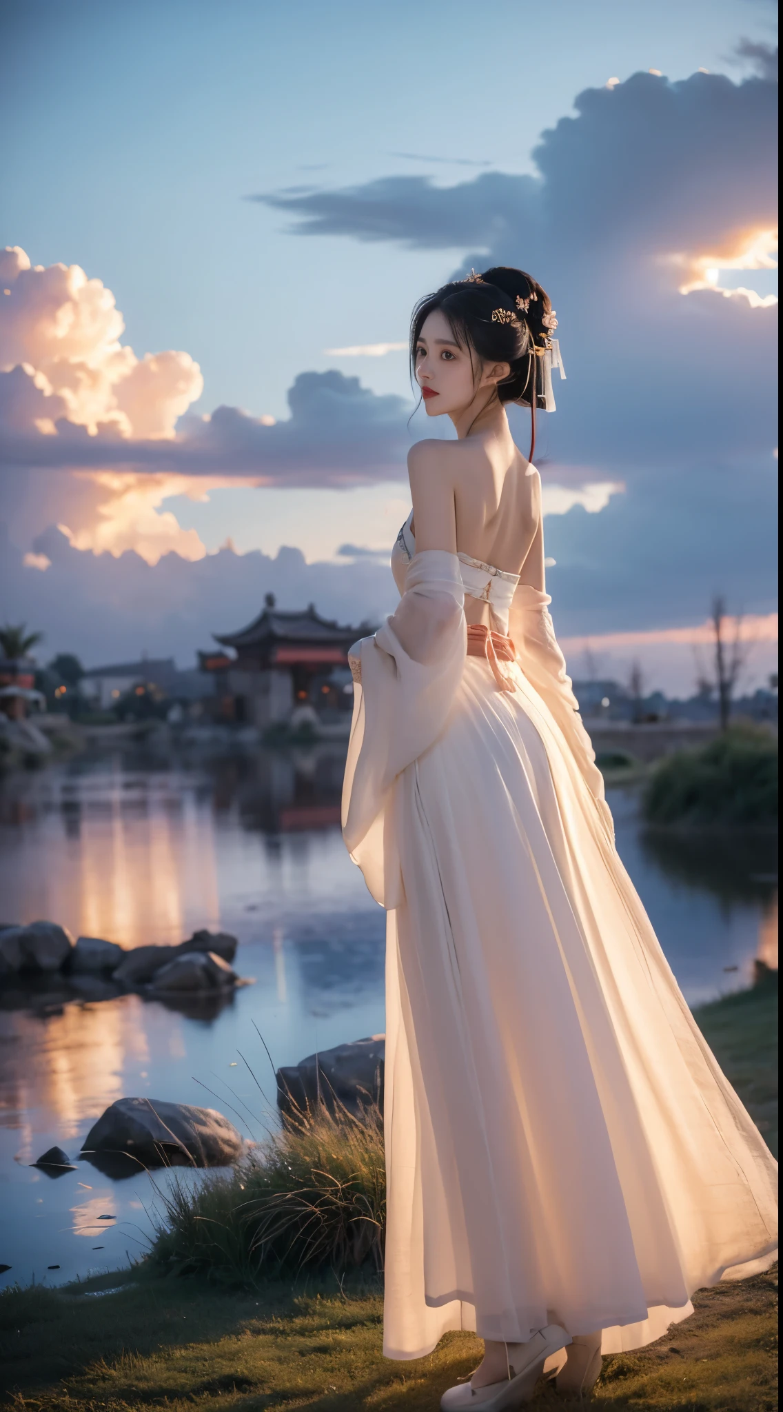 hanfu-song, hanfu, song theme, bandeau, tube top, ((masterpiece, 32k,8K,wallpaper, high resolution, Ridiculous resources,RAW photos,)), ((Bare shoulders)), ((The skirt is very short)), ((Sexy long legs)), (Realistically:1.5),(Light),(Detailed fingers),(High Detail Skin:1.Red Eyes),1 busty girl,solitary, Winters, Yuki, Lace pantyhose,(Huge snatch),twiLight，Colorful Clouds，Wind，Flying hair，