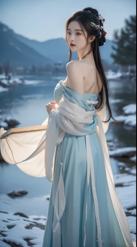 hanfu-song, hanfu, song theme, bandeau, tube top, ((cowboy shot)), realistic detailed photo of a giant breasted girl with expose...
