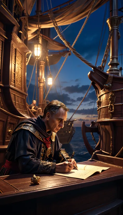 cinematic style, julius caesar writing poetry on a pirate ship, background dark, hyper realistic, ultra detailed hyper realistic...