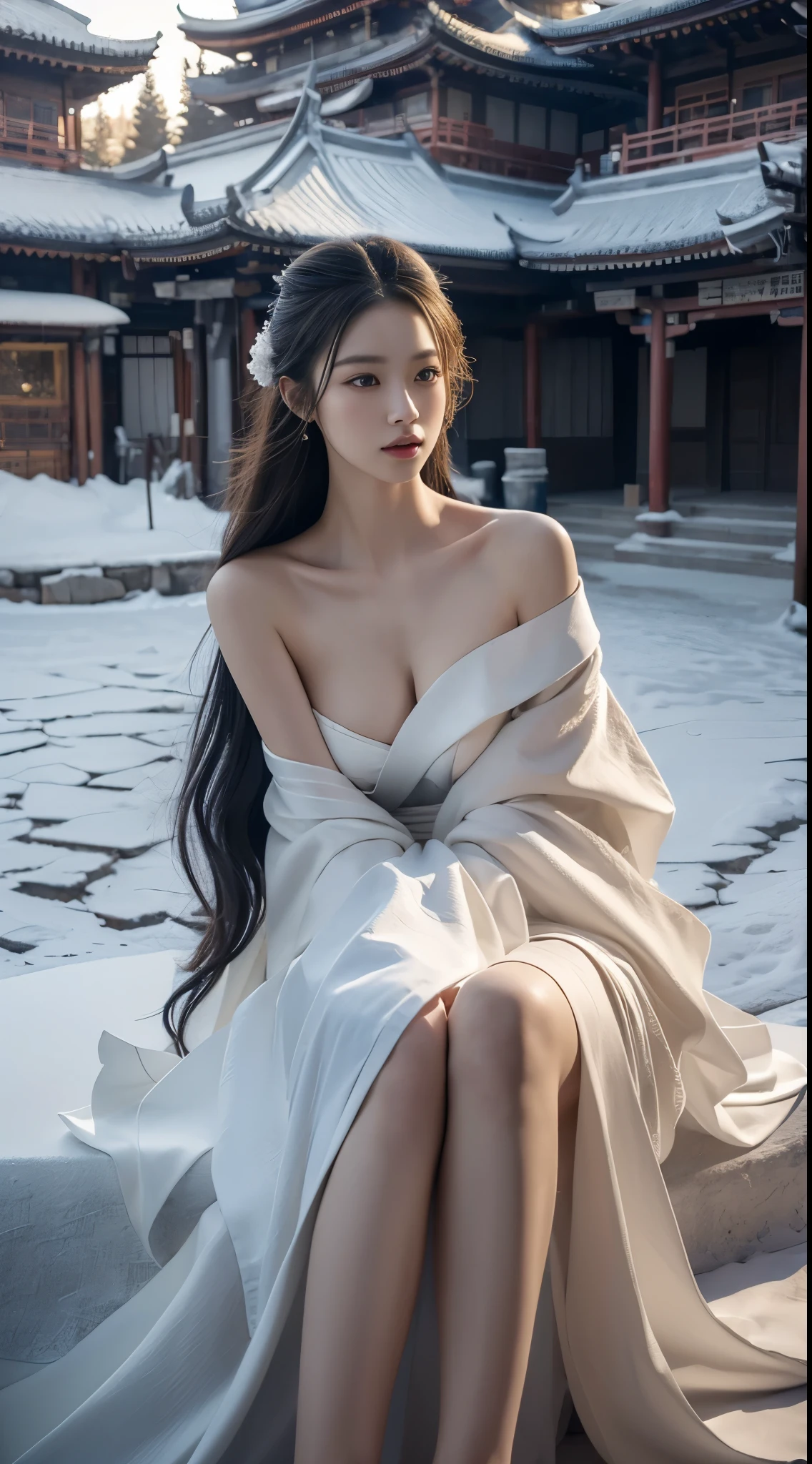 elaborate Hanfu, ((cowboy shot)), ((Bare shoulder)), ((Short hemlines, sexy long legs)), realistic detailed photo of a giant breasted girl with exposed shoulders, detailed fingers, high quality skin, red eyes, alone in a winter scene with clouds, wind, and flowing hair, (best quality,4k,8k,highres,masterpiece:1.2),ultra-detailed,(realistic,photorealistic,photo-realistic:1.37),studio lighting,vivid colors