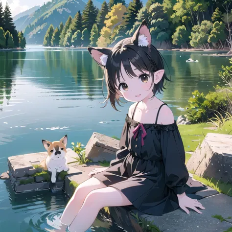 7 years old、cute girls、fetish、happy smile、lake、ruins、bathing、beautiful background、four girls、off-the-shoulder dress、animal ears、...