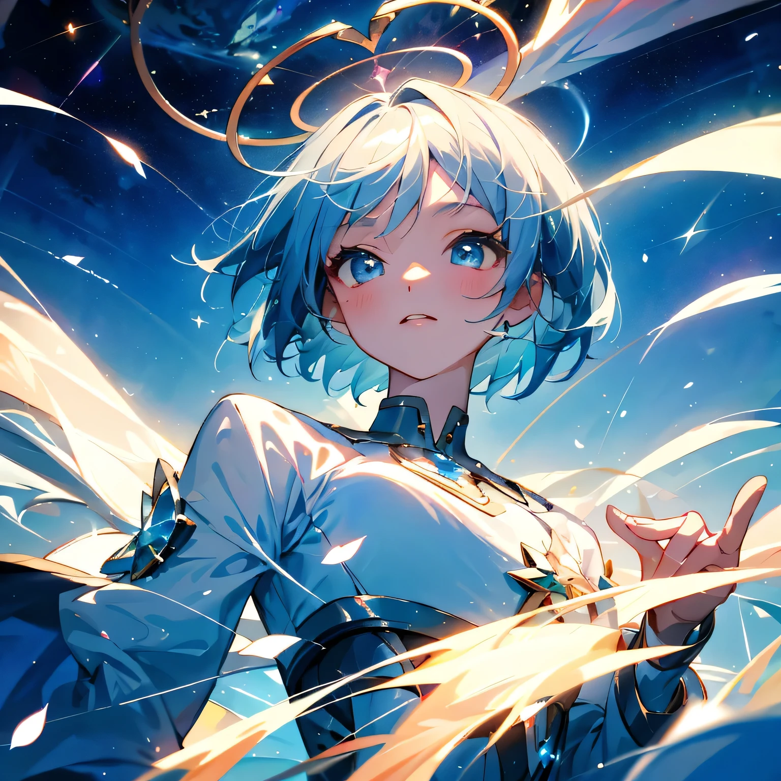 (highest quality、masterpiece、Surreal)、Portrait of a delicate girl with blue short hair making an X with both fingers、The background is space、Twinkle Star,petal、Earth,