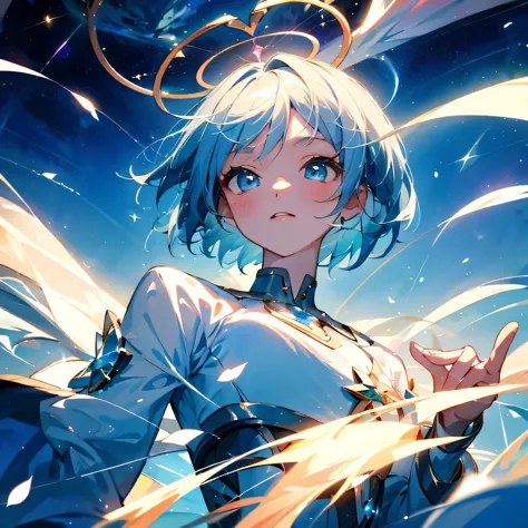 (highest quality、masterpiece、Surreal)、Portrait of a delicate girl with blue short hair making an X with both fingers、The backgro...