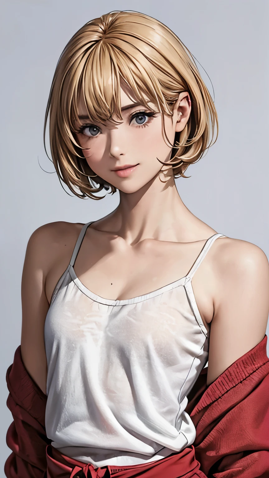 Wear a camisole that shows the shape of your breasts:1.5、((small, Flat Chest:1.5))、(masterpiece, Best image quality, high quality, High resolution, Realistic:1.2), (Bright lighting, Professional Lighting), (Portraiture, One Woman, Beautiful woman), (Realistic Skin, Fine skin, Beautiful Skin), (Blonde Hair, short hair, middle part:1.3), (Eyelash extensions, Draw eyelashes sharply), (Hidden eyelid wrinkles:1.3), (fine grain, length, Narrow eyes, iris, Your eyes are shining, How to draw eyes carefully), ((Looking down:1.2), Observe the audience, Sharp eyes, hot gaze), (Embarrassing, cheeks turn a little red, smile:1.2), (Lean upper body, Toned body like an athlete:1.2), (A lightweight sweater in Japanese spring colors, Clothes fit snugly:1.3)