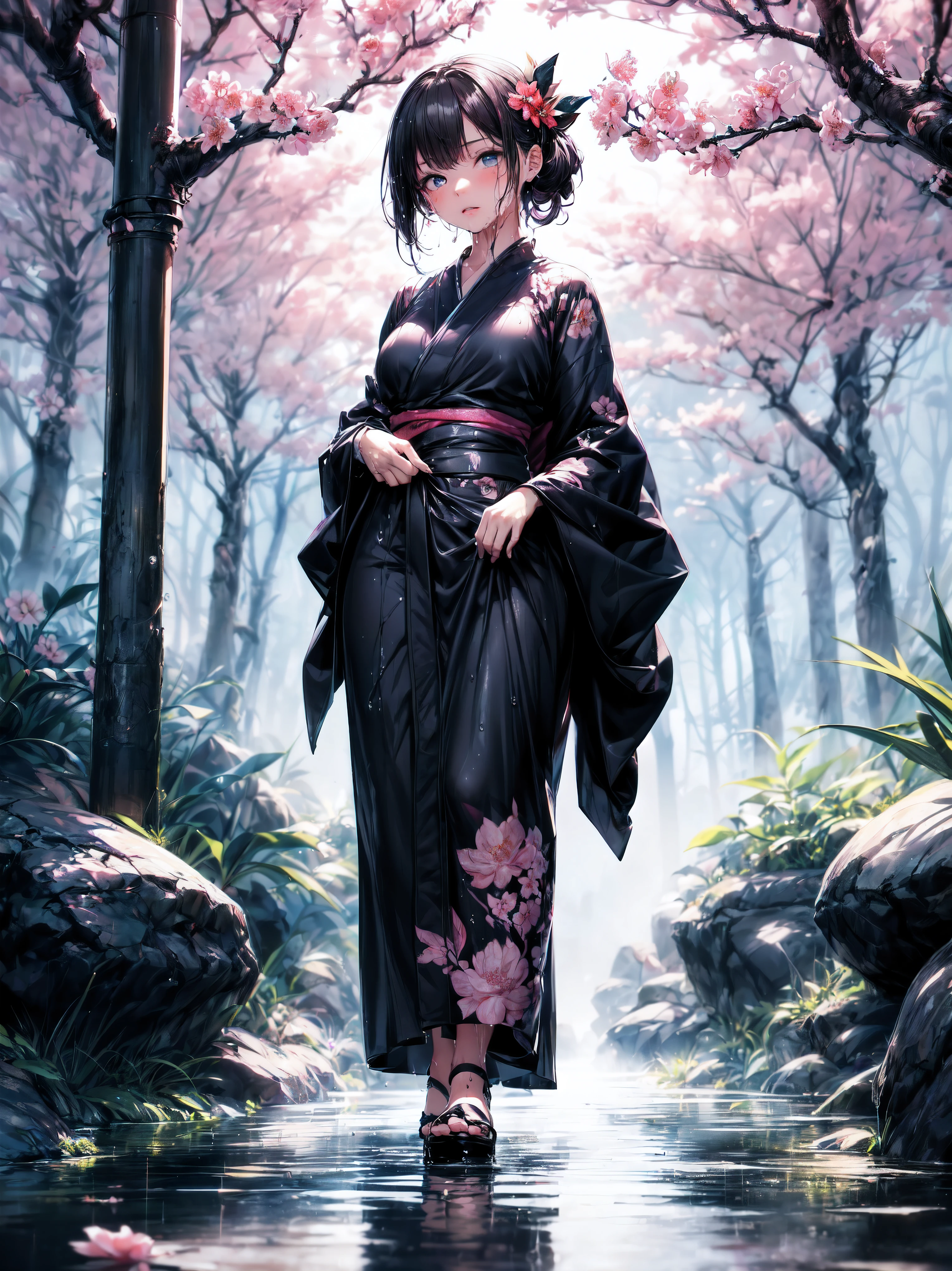 (cuerpo completo), (una niña de 7 años:1.2), (niña muy joven), cambiar, (Solo), (pequeña mama), (Gran angular), foto cruda, Estético, Complejo, galardonado, chiaroscuro, mejor calidad, antecedentes detallados, (atmósfera brumosa:1.2), (duro día lluvioso:1.1),((Chica con kimono de algodón negro:1.2)), kimono grande de algodón negro, kimono negro grande con textura de algodón, manga de kimono negra muy larga, mejores arrugas, Arrugas reales, Mejores sombras, (Húmedo, Húmedo body, Húmedo hair, Húmedo skin, very Húmedo  black kimono, reflection on the Húmedo kimono, delicado bordado de flores de cerezo, gotas de agua sutiles:1.15), (rociador de agua:1.1), (kimono de tela, mejor kimono arrugado, Envoltura de moco transparente), (Camina por el (Niebla oscura Jardín Zen)), (ubicación real), Ojos delicados y hermosos, pose casual, Texturas detalladas, posando, (Cuerpo anatómicamente correcto, cara detallada, (kimono de texturas muy detalladas con estampado floral.), (pelo negro), cabello voluminoso, adorno para el pelo, colores vívidos, expresión tranquila, mirar al espectador, paisaje pacífico, sensación de limpieza y frescura, Agua hermosa y detallada