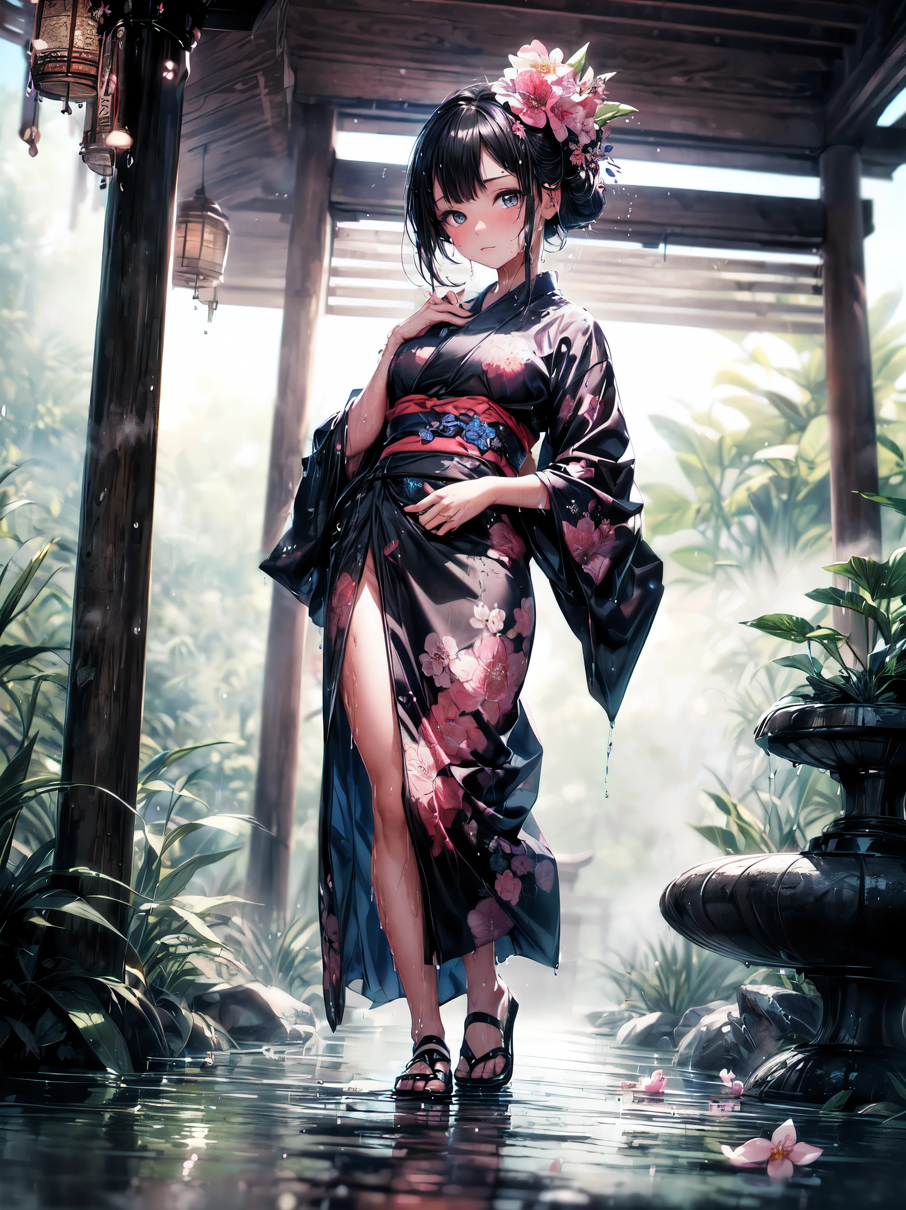 (tout le corps), (Une fillette de 7 ans:1.2), (Très jeune petite fille), changement, (seulement), (petite poitrine), (grand angle), photo brute, Esthétique, Convoluté, Récompensé, clair-obscur, Meilleure qualité, contexte détaillé, (atmosphère brumeuse:1.2), (dure journée de pluie:1.1),((Fille en kimono de coton noir:1.2)), grand kimono en coton noir, grand kimono noir avec une texture en coton, très longue manche kimono noire, meilleures rides, De vraies rides, Meilleures ombres, (mouillé, mouillé body, mouillé hair, mouillé skin, very mouillé black kimono, reflection on the mouillé kimono, broderie délicate de fleurs de cerisier, de subtiles gouttelettes d&#39;eau:1.15), (pulvérisateur d&#39;eau:1.1), (Kimono en tissu, meilleure ride de kimono, Enveloppement de mucus transparent), (Parcourez le (Brume sombre Jardin Zen)), (emplacement réel), yeux délicats et beaux, Pose décontractée, Textures détaillées, posant, (corps anatomiquement correct, Visage détaillé, (kimono aux textures très détaillées avec motif floral), (cheveux noirs), cheveux volumineux, ornement de cheveux, Couleurs vives, Expression calme, regarde le spectateur, paysage paisible, sensation de propreté et de fraîcheur, De l’eau belle et détaillée