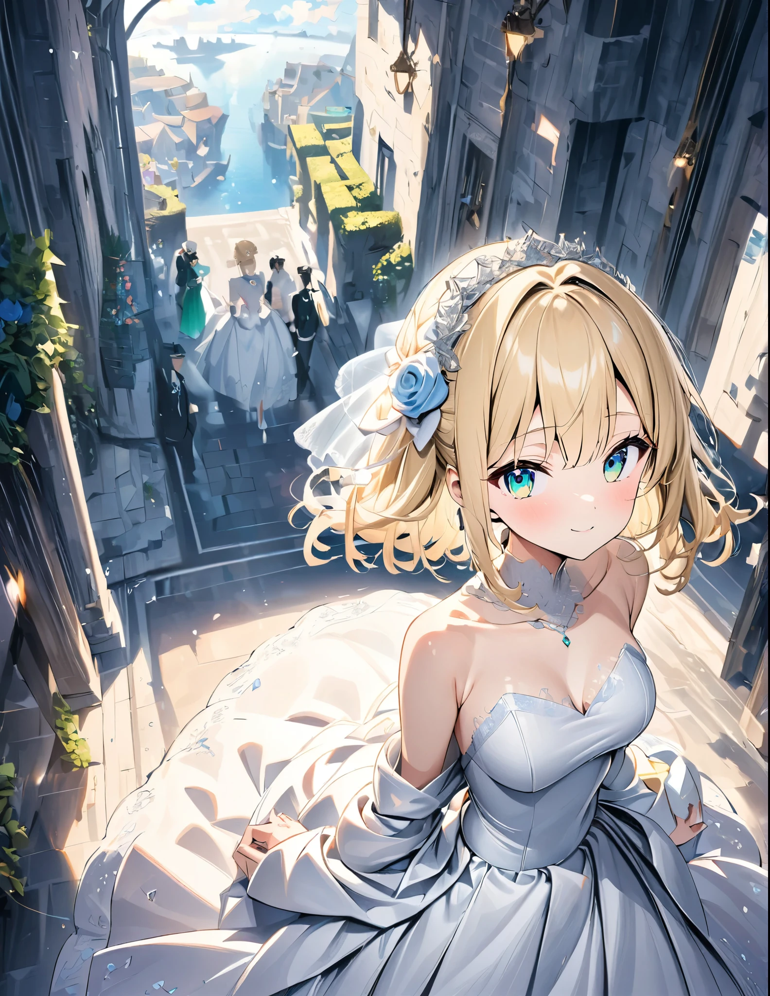 ((style:Colored pencil,pale colour))、(anime)、(masterpiece:1.2),atmospheric perspective,lens flare、White world。Light color、Wedding dress、Blonde、Emerald Eyes、cute