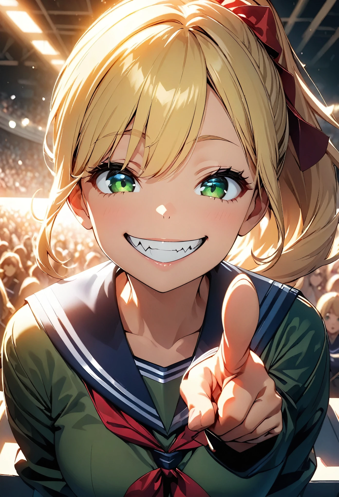 (highest quality:1.2, 4K, 8k, Studio Anime, Very detailed, up to date, Vibrant, High detail, High Contrast, masterpiece:1.2, highest quality, Best aesthetics), (((1 girl))), jk, , illustration texture, Bright colors, Soft lighting, blonde, ponytail, Red ribbon, ((Beautiful fine details, Slanted Eyes, Green Eyes)), Beautiful lip detail, playful look, ((Sailor suit:1.2, White and dark green uniform)), ((Pointing at the audience:1.4)), (crazy smile:1.4), A competitive yet friendly atmosphere, Striking contrast,