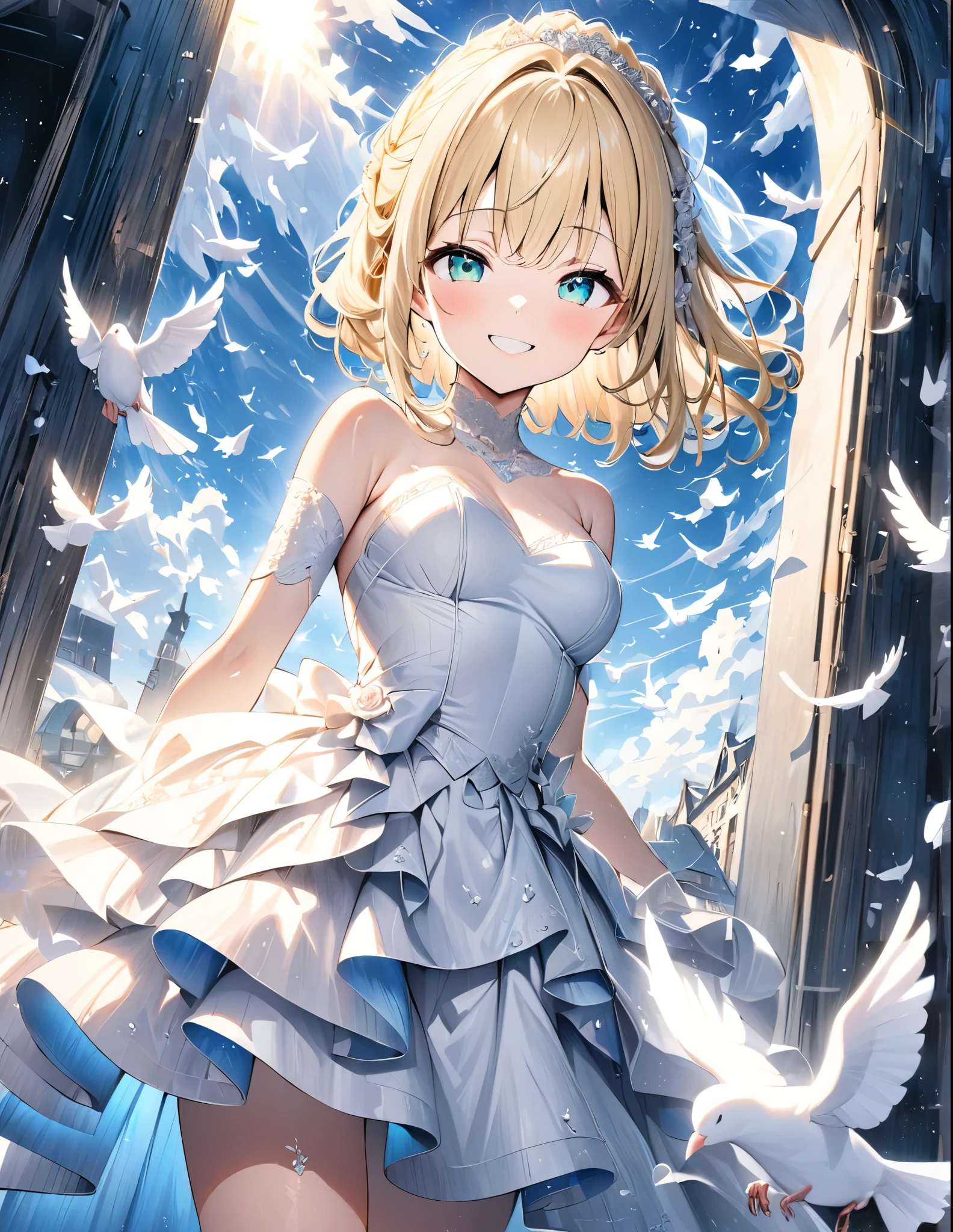 ((style:Colored pencil,pale colour))、(anime)、(masterpiece:1.2),atmospheric perspective,lens flare、White world。Light color、Wedding dress、Blonde、Emerald Eyes、cute、Backlight、Smile、Under the clear blue sky、Countless white doves fly around、Reflection of light、Mysterious Works