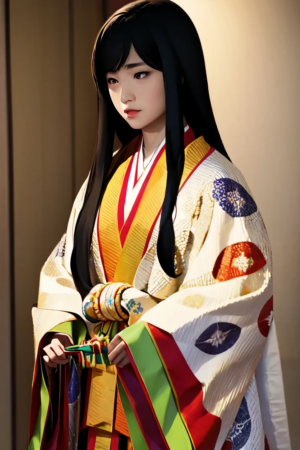 (masterpiece, highest quality:1.2), One girl, juni-hitoe, solo, Straight long black hair、hiogi、court crest print, itutuginu, kasanenoirome, munamoto itutugine, detail, close-up, Blank background